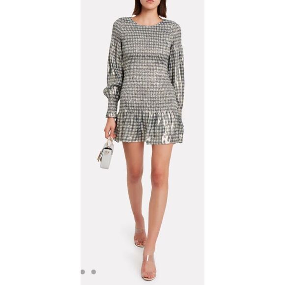 NWT LoveShackFancy Scarlett Gingham Metallic Smocked Dress Silver Size XS - Picture 12 of 12